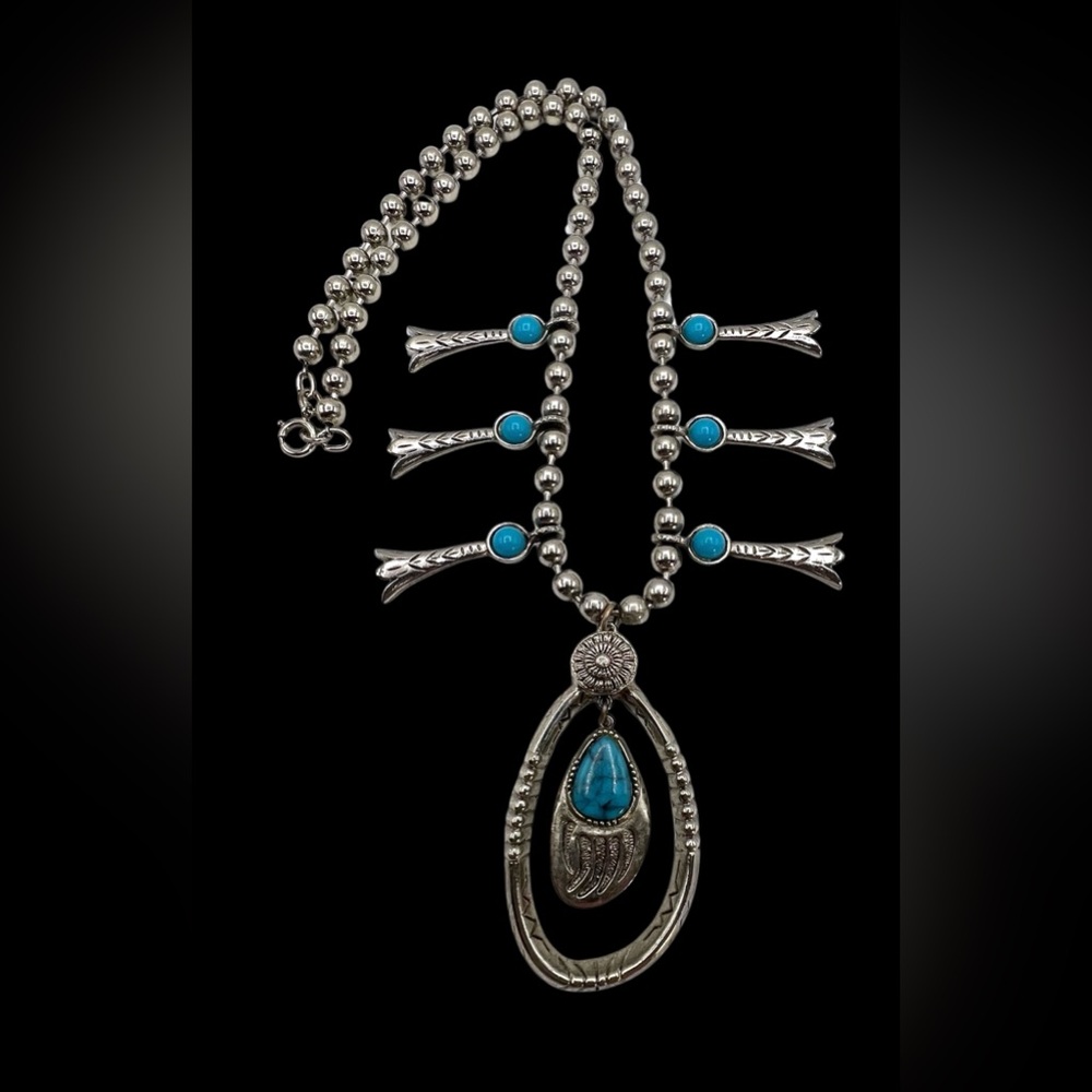 Southwestern Navajo Style Faux Turquoise Bear Paw Squash Blossom Necklace